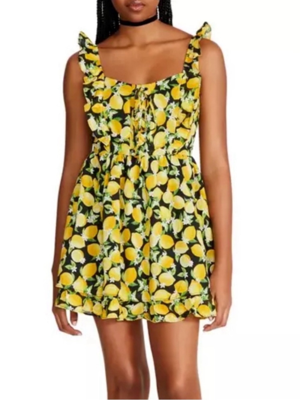 Betsey Johnson NWT Layla Lemon Mini Dress Sweetheart Lace-Up Ruffle Cotton